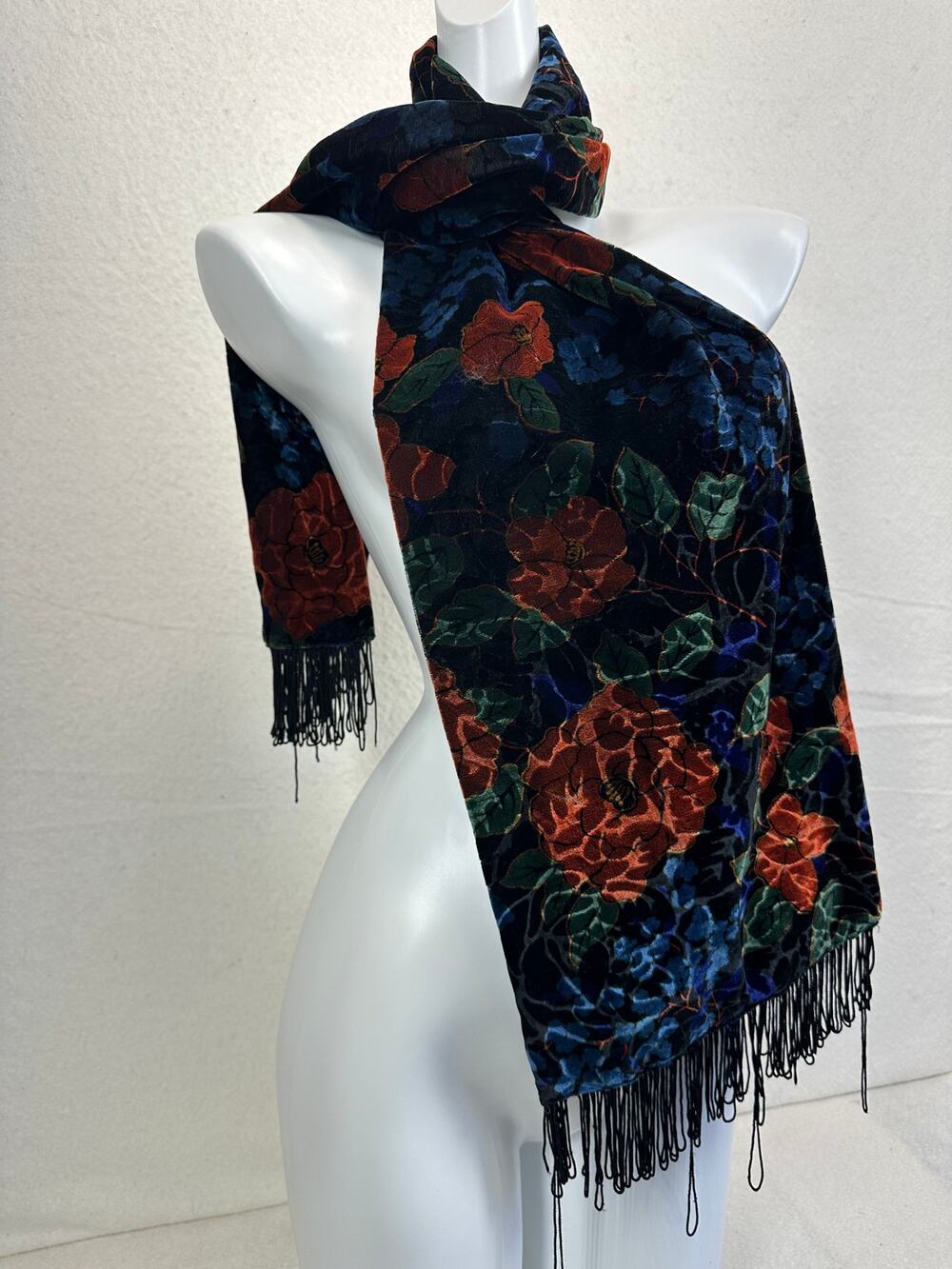 Vintage Art Deco Silk and Rayon Burnout Velvet Scarf with Fringed Ends